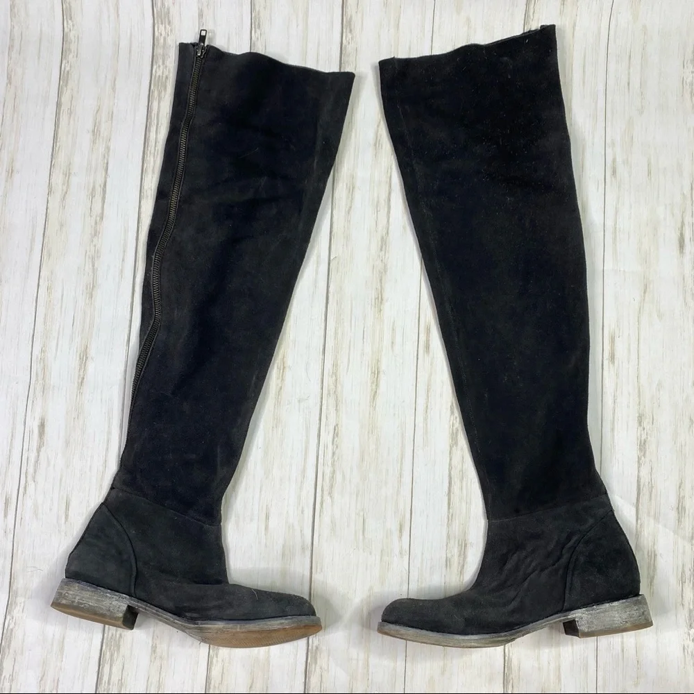 Free People Carlisle Black Suede Distressed Over The Knee Boots
